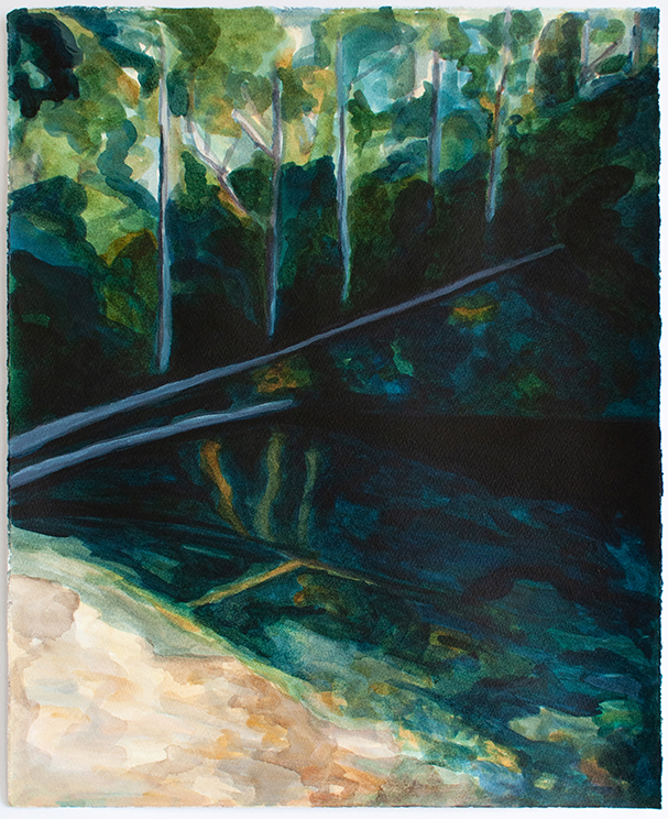 ink on paper painting of trees and a stream.