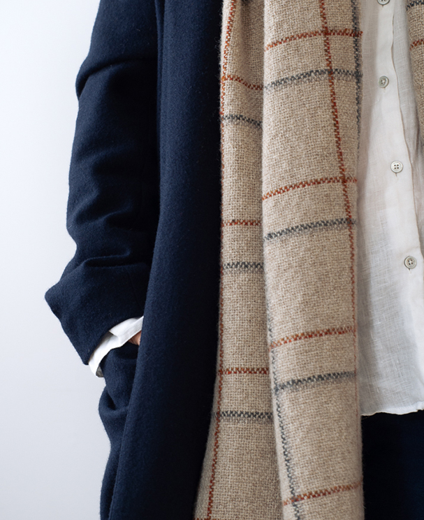 handwoven double windowpane check scarf in shades of oatmeal, grey and autumn golds and reds. Woven for the Checkmate Collection.